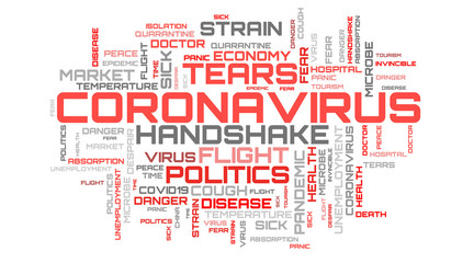 Red coronavirus virus modern word collage on white background