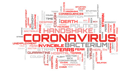 Fototapeta premium Red COVID-19 virus modern word collage on white background