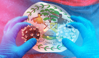 Medical molecular conceptwith backgroung of waving national flag of Belize. Pandemic 3D illustration.