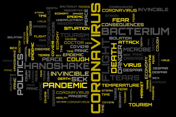 Modern virus topic word collage on black background