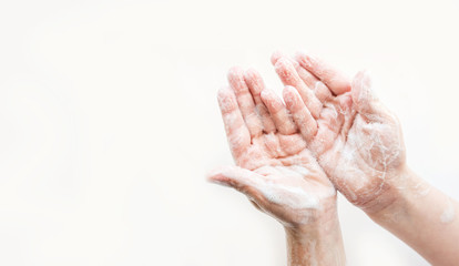 The baby's soap hands on a light background.Clean hand concept idea.