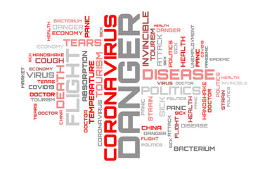 Modern red coronavirus concept word cloud backdrop