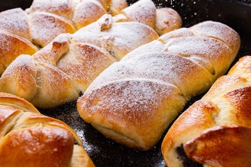 Cooking sugar and sweet roll dessert, fresh.