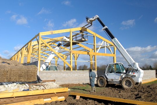 Construction batiment d'&eacute;levage &agrave; ossature bois. Montage de la charpente
