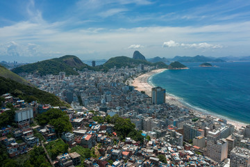 Fototapeta na wymiar Aerial, panoramic shot of Copabana beach with Sugarloaf Mountain in the background