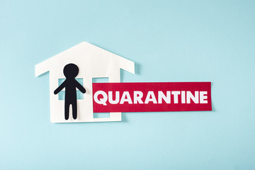 top view of paper house and human near quarantine lettering on blue