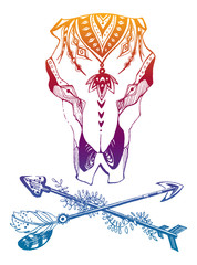 Cow, buffalo, bull skull in tribal style. Bohemian, boho vector illustration. Wild and free ethnic gypsy symbol.