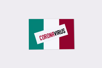 top view of card with coronavirus lettering on italian flag isolated on white