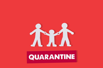 top view of paper family with holding hands warning near quarantine lettering isolated on red