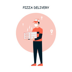 Restaurant or supermarket delivering pizza at doorstep in quarantine. Sitting home and Order online food at anytime. Man with mask delivering hot pizza poster.