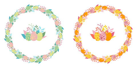 Vector set of colorful Easter eggs and floral spring wreaths isolated on white background. Design elements for holiday greeting cards.
