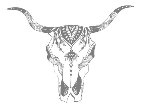 Cow, buffalo, bull skull in tribal style. Bohemian, boho vector illustration. Wild and free ethnic gypsy symbol.