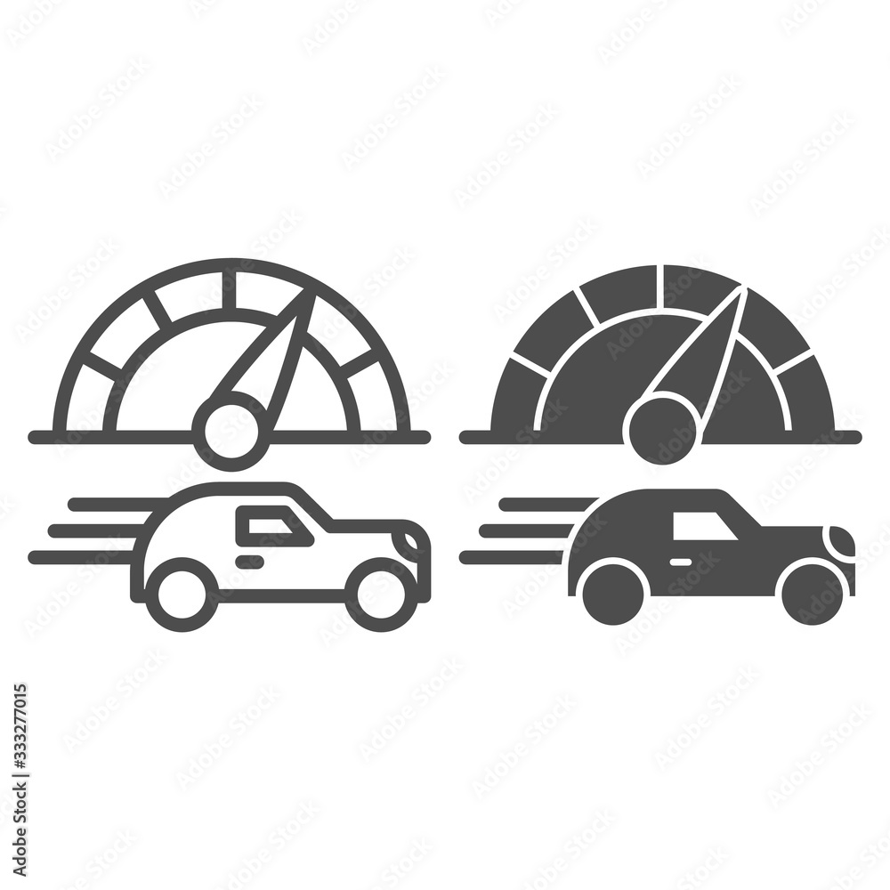 Poster fast car and speed counter line and solid icon. vehicle and speedometer, driving symbol, outline sty