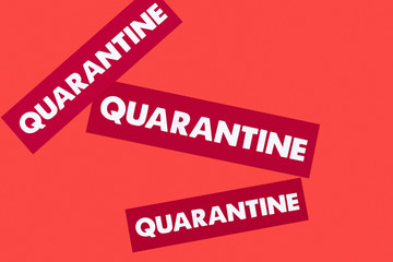 top view of cards with quarantine lettering isolated on red