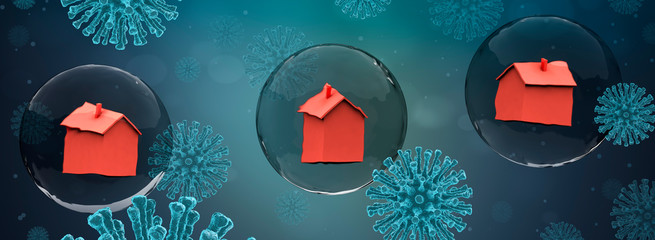 Concept banner of quarantine for not getting infected with Coronavirus Covid-19. All people in quarantine. Houses inside glass balls or bubbles to be protected from viruses. 3d rendering illustration