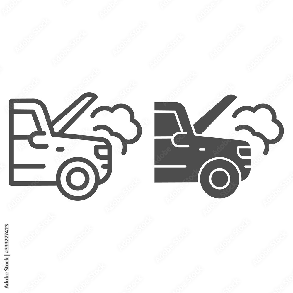 Poster emergency stop for auto line and solid icon. broken vehicle with engine fumes symbol, outline style 