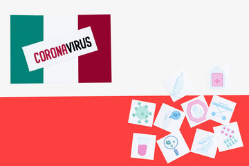 top view of italian flag with coronavirus lettering near drawn medical pictures on white and red