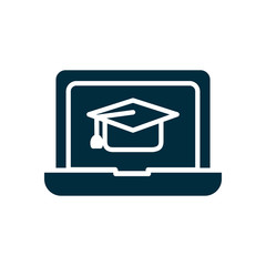 online education concept, laptop computer with graduation cap icon on screen, silhouette style