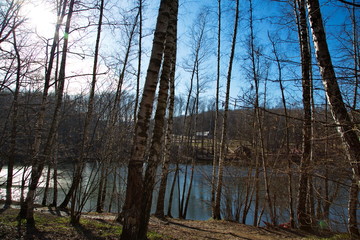 City pond in a Moscow park in early spring, Russia.