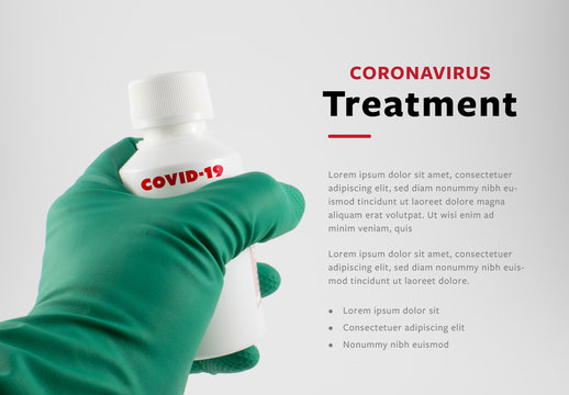 COVID-19 Infographic Layout with Green Gloved Hand Holding Bottle Graphic