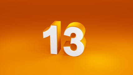 Number 13 in white on orange gradient background, isolated number 3d render