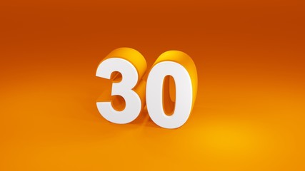 Number 30 in white on orange gradient background, isolated number 3d render