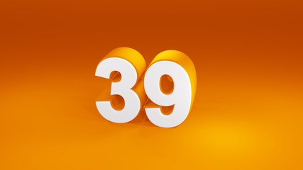 Number 39 in white on orange gradient background, isolated number 3d render