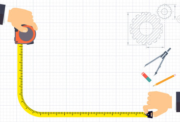 Measuring tape in the hands of a man. Template for a poster