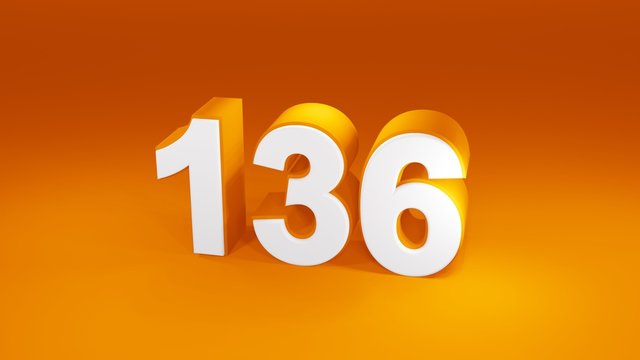 Number 136 in white on orange gradient background, isolated number 3d render