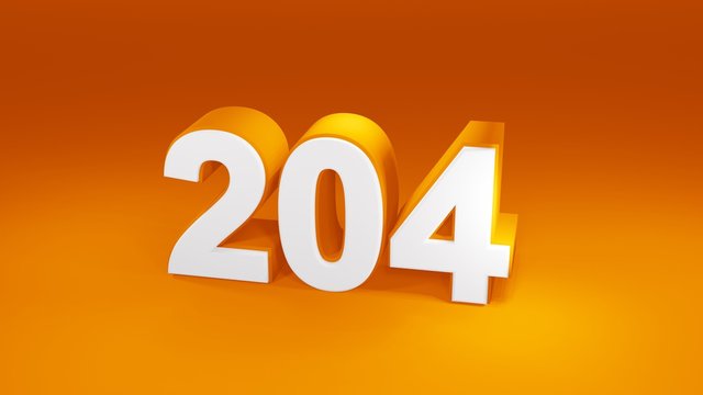 Number 204 in white on orange gradient background, isolated number 3d render