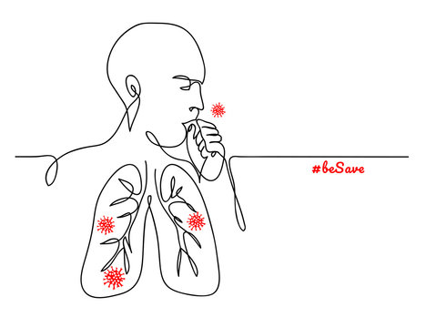 Virus In Lungs, Pneumonia, Person Coughing Simple Minimalist Vector Sketch, Doodle, Web Background, Poster. One Continuous Line Drawing.