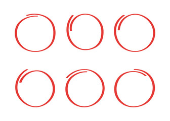 Super set hand drawn highlight circle isolated on white background. Collection of different red circles. Vector illustration