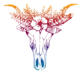 Cow, buffalo, bull skull in tribal style with flowers. Bohemian, boho vector illustration. Wild and free ethnic gypsy symbol.