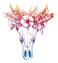 Cow, buffalo, bull skull in tribal style with flowers. Bohemian, boho vector illustration. Wild and free ethnic gypsy symbol.