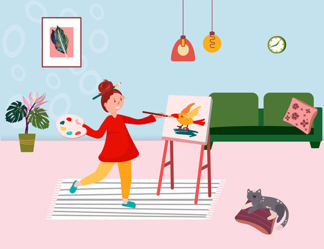 The girl draws a picture in the room. The artist holds a brush and palette and paints in the home. Activity for girl creates new picture. Cartoon flat character illustration.