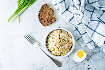 Canned Tuna red onion egg salad on the plate