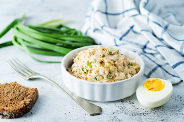 Canned Tuna red onion egg salad on the plate