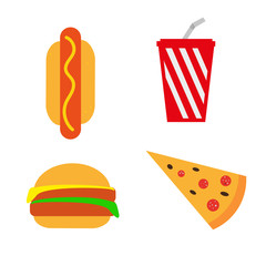 Fast food, fast food set isolated on a white background. Simple design. Hot Dog. Ketchup. Mustard. Burger. Pizza