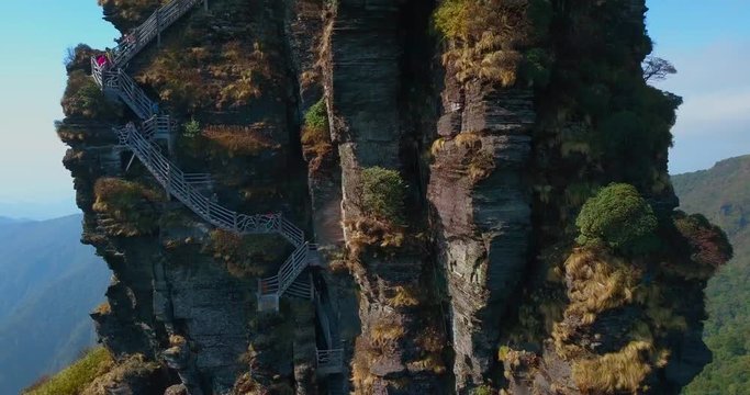 4K Drone view of Mount Fanjingshan, New Golden Summit, Tongren, Guizhou Province, China.