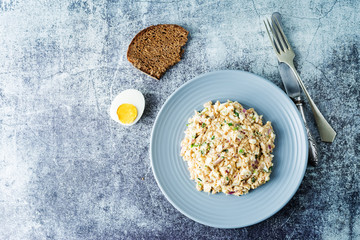Canned Tuna red onion egg salad on the plate