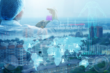 concept of representing a pandemic of viruses in modern society. Virus distribution, analysis, control and development of a vaccine for treating people