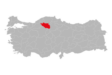 Obraz premium Cankiri province highlighted on turkey map vector. Gray background.