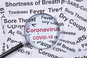 Concept work of search or research of coronavirus or Covid-19 and symptoms. There is a magnifying glass on symptoms of coronavirus