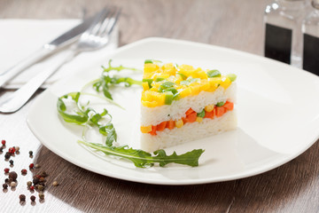 Vegetarian food, rice salad with vegetables, healthy meals
