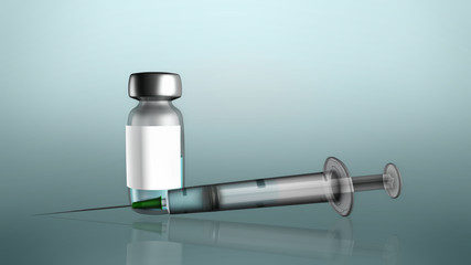 Injection syringe and a bottle for vaccination. With copy space for text or information about preventing a virus disease (3D rendering)