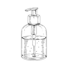 Dispenser with liquid soap, retro hand drawn vector illustration.