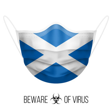 Medical Mask with National Flag of Scotland as Icon on White. Protective Mask Virus and Flu. Surgery Concept of Health Care Problems and Fight Novel Coronavirus (2019-nCoV) in Form of Scottish flag