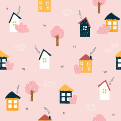 Seamless pattern with cute little houses. Childish scandinavian print. Vector hand drawn illustration. © bilaaa