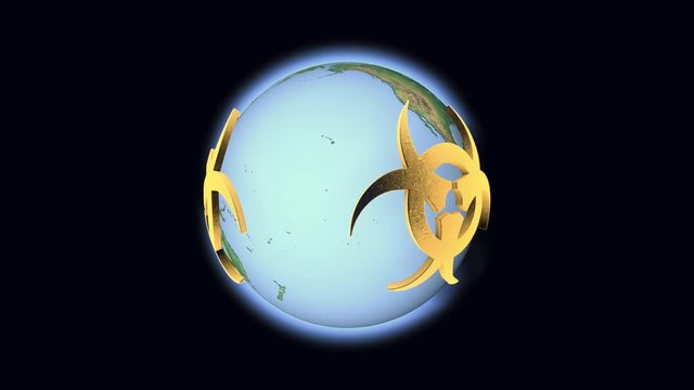 The symbol of biological threat surrounds the planet Earth. The concept of global infection of the globe with a virus.