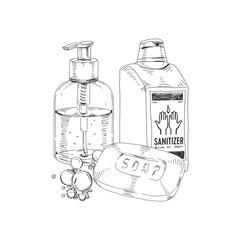 Hand washing and disinfection, covid-19 infection prevention, retro hand drawn vector illustration.